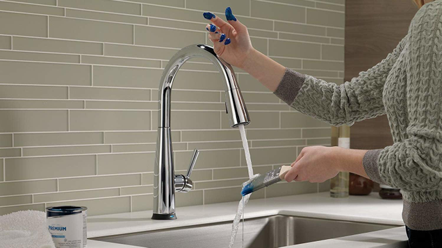 The Delta Touch2O line lets you turn the flow of water on and off just by lightly tapping on the neck of the faucet.